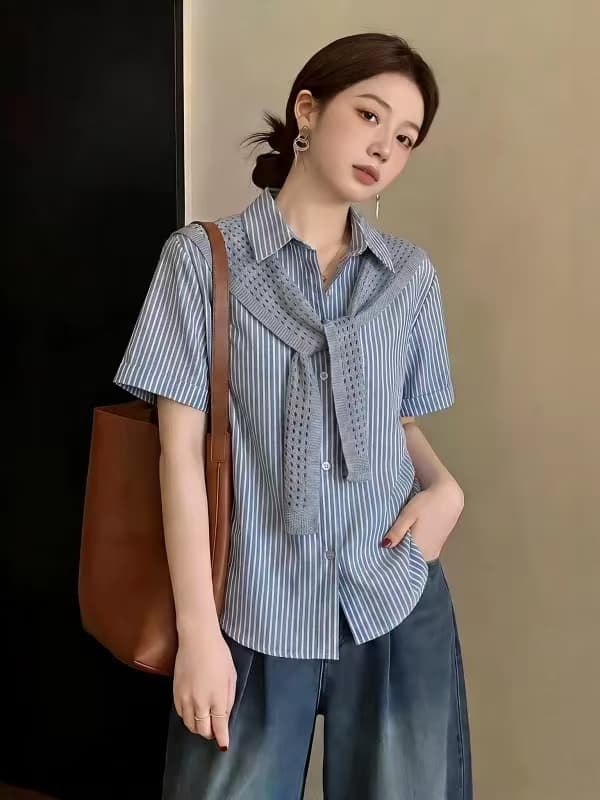 수 있습니다. 소금 수 있습니다. 달콤한 파란색 스트라이프 긍정적 인 어깨 반팔 여성 셔츠 2026 여름 새로운 빅 사이즈 지방 mm 숄 스택 착용 맨위 이미지 2