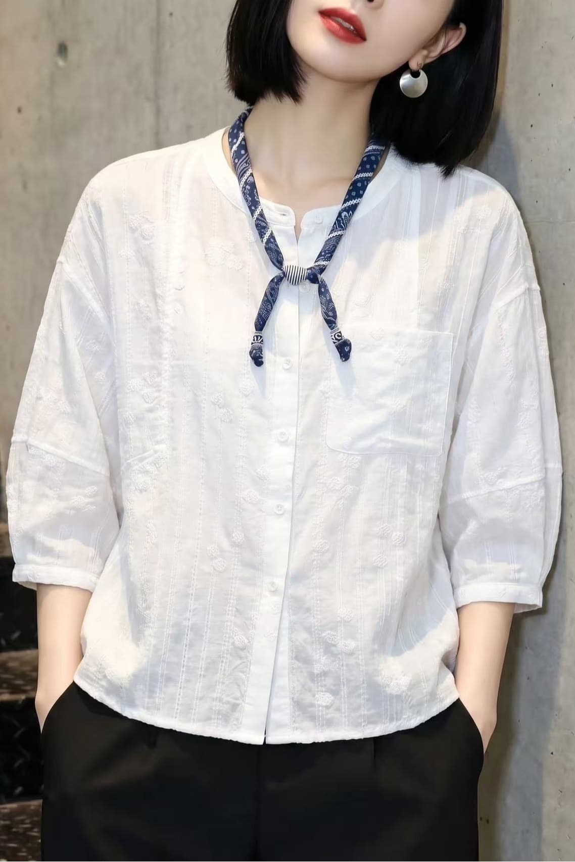 7부 소매 여성 셔츠 2026 여름 새로운 고급 외국 가스 화이트 셔츠 루즈핏 자수 맨위 이미지 6