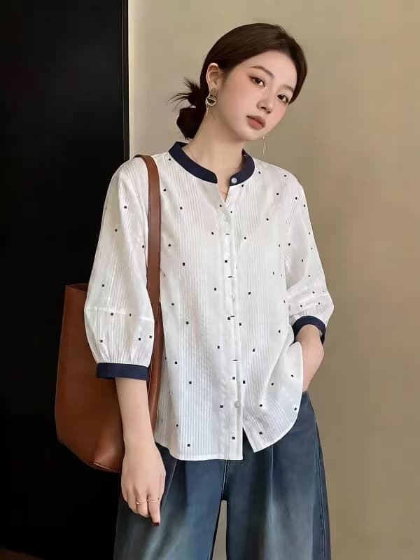 화이트 베이비 칼라 도트 무늬 반팔 여성 셔츠 2026 새로운 여름 빅 사이즈 지방 mm 자이언트 잘 생긴 인형 셔츠 맨위 이미지 2