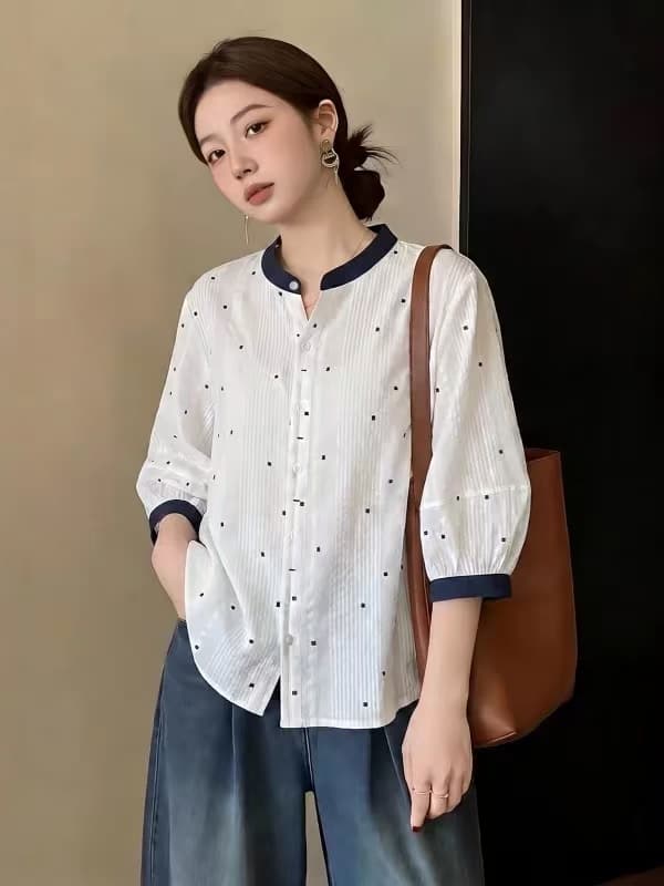 화이트 베이비 칼라 도트 무늬 반팔 여성 셔츠 2026 새로운 여름 빅 사이즈 지방 mm 자이언트 잘 생긴 인형 셔츠 맨위 이미지 4