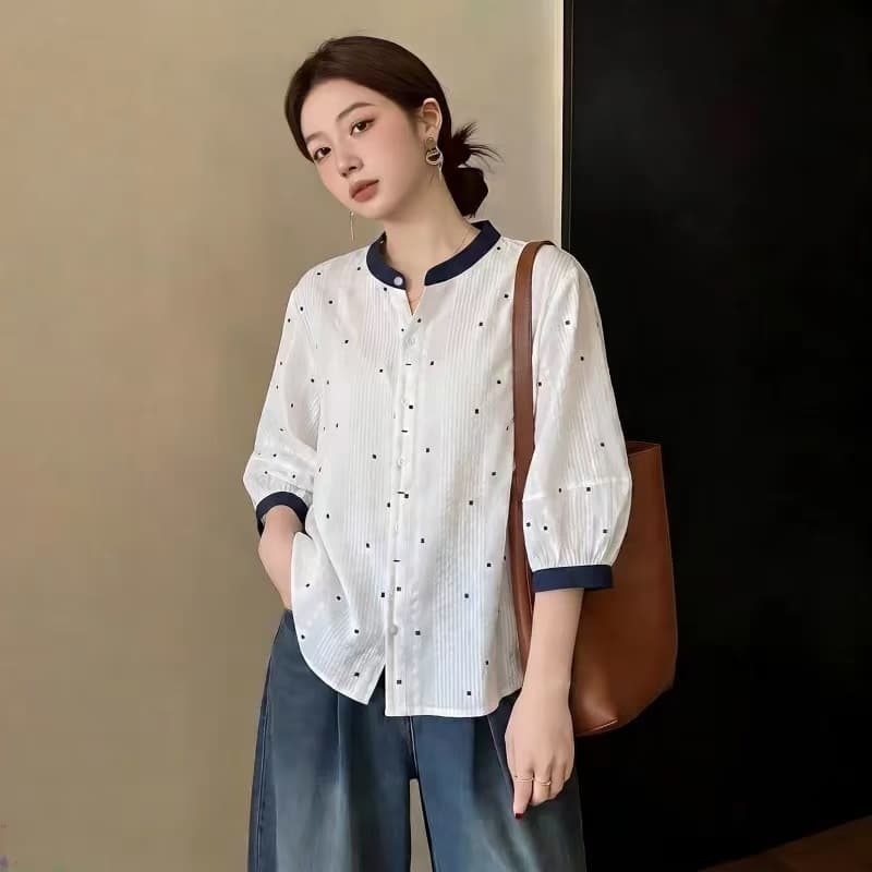 화이트 베이비 칼라 도트 무늬 반팔 여성 셔츠 2026 새로운 여름 빅 사이즈 지방 mm 자이언트 잘 생긴 인형 셔츠 맨위 상세 이미지 3
