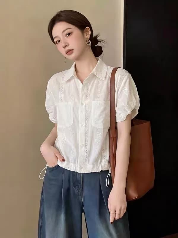 거품 소매 긍정적 인 어깨 반팔 여성 셔츠 2026 여름 새로운 빅 사이즈 지방 mm 연령 감소 작은 셔츠 밑단 펌프 로프 맨위