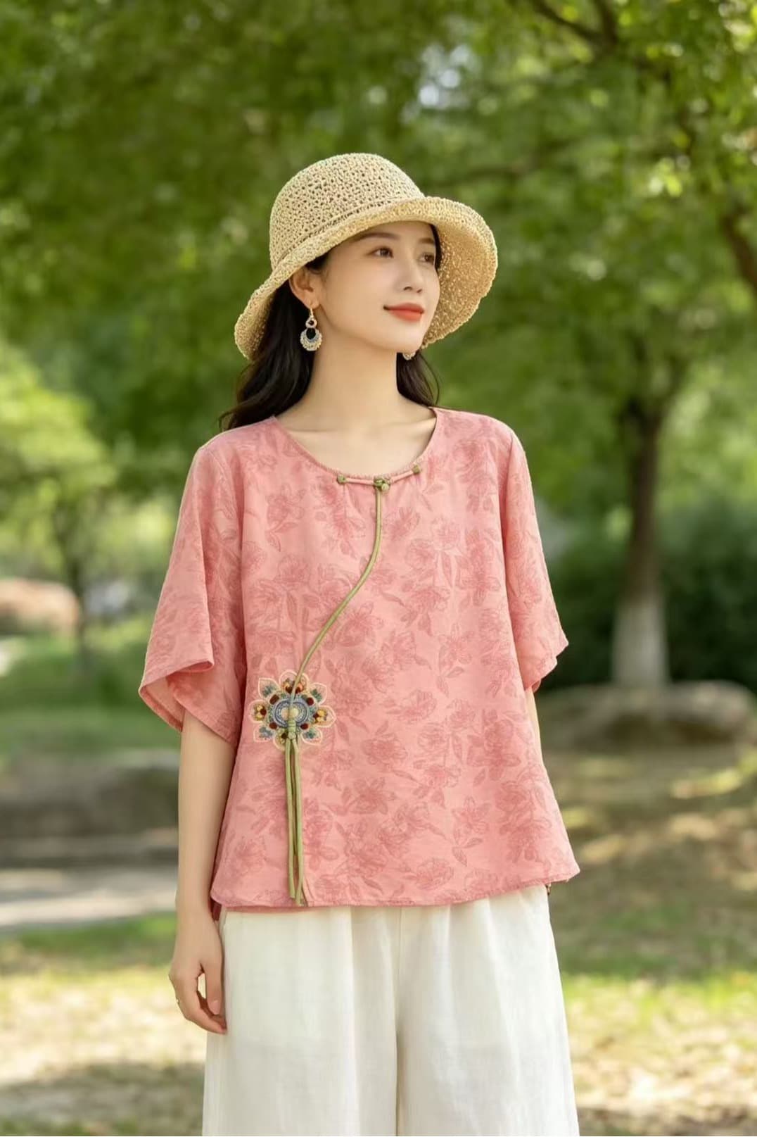 새로운 통기성 새로운 중식 라미 티셔츠 여성 셔츠 중년 엄마 레트로 국풍 Chic 자수 작은 셔츠 여름 이미지 6