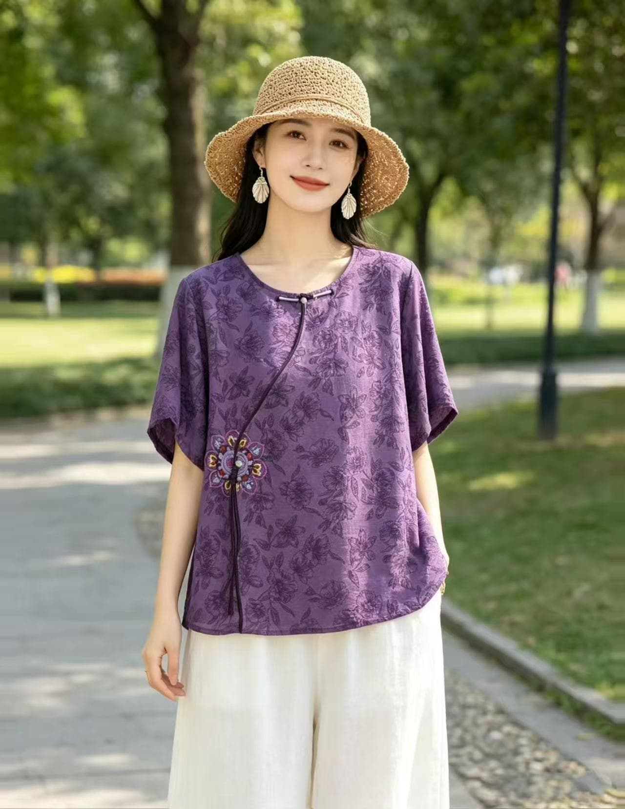 새로운 통기성 새로운 중식 라미 티셔츠 여성 셔츠 중년 엄마 레트로 국풍 Chic 자수 작은 셔츠 여름 상세 이미지 10