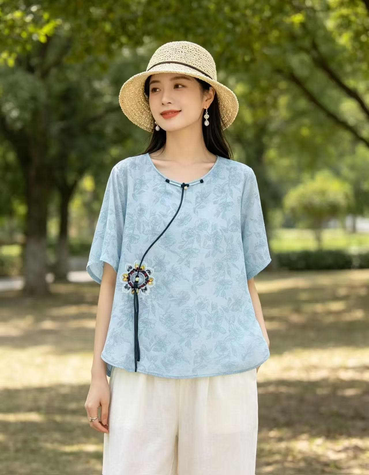 새로운 통기성 새로운 중식 라미 티셔츠 여성 셔츠 중년 엄마 레트로 국풍 Chic 자수 작은 셔츠 여름 상세 이미지 12
