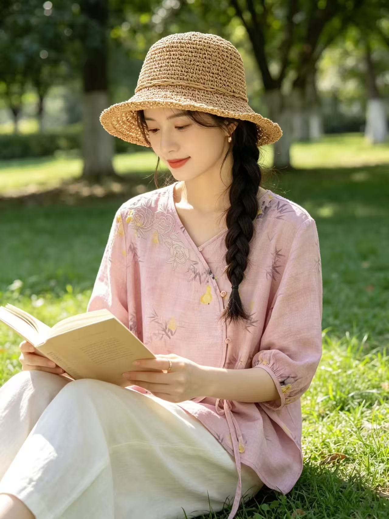레트로 면 린넨 프린트 여성 셔츠 여름 새로운 중식 국풍 5 점 소매 V넥 비스듬한 襟 레이스업 차 서비스 맨위 이미지 2