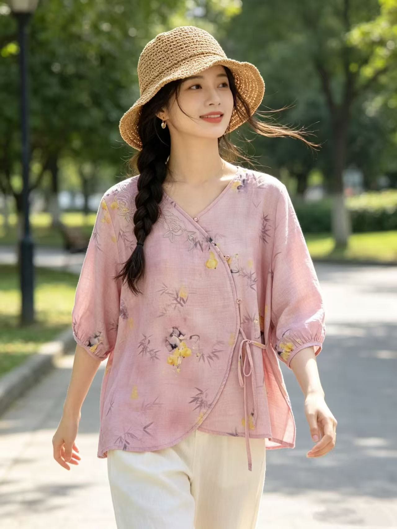 레트로 면 린넨 프린트 여성 셔츠 여름 새로운 중식 국풍 5 점 소매 V넥 비스듬한 襟 레이스업 차 서비스 맨위 상세 이미지 2