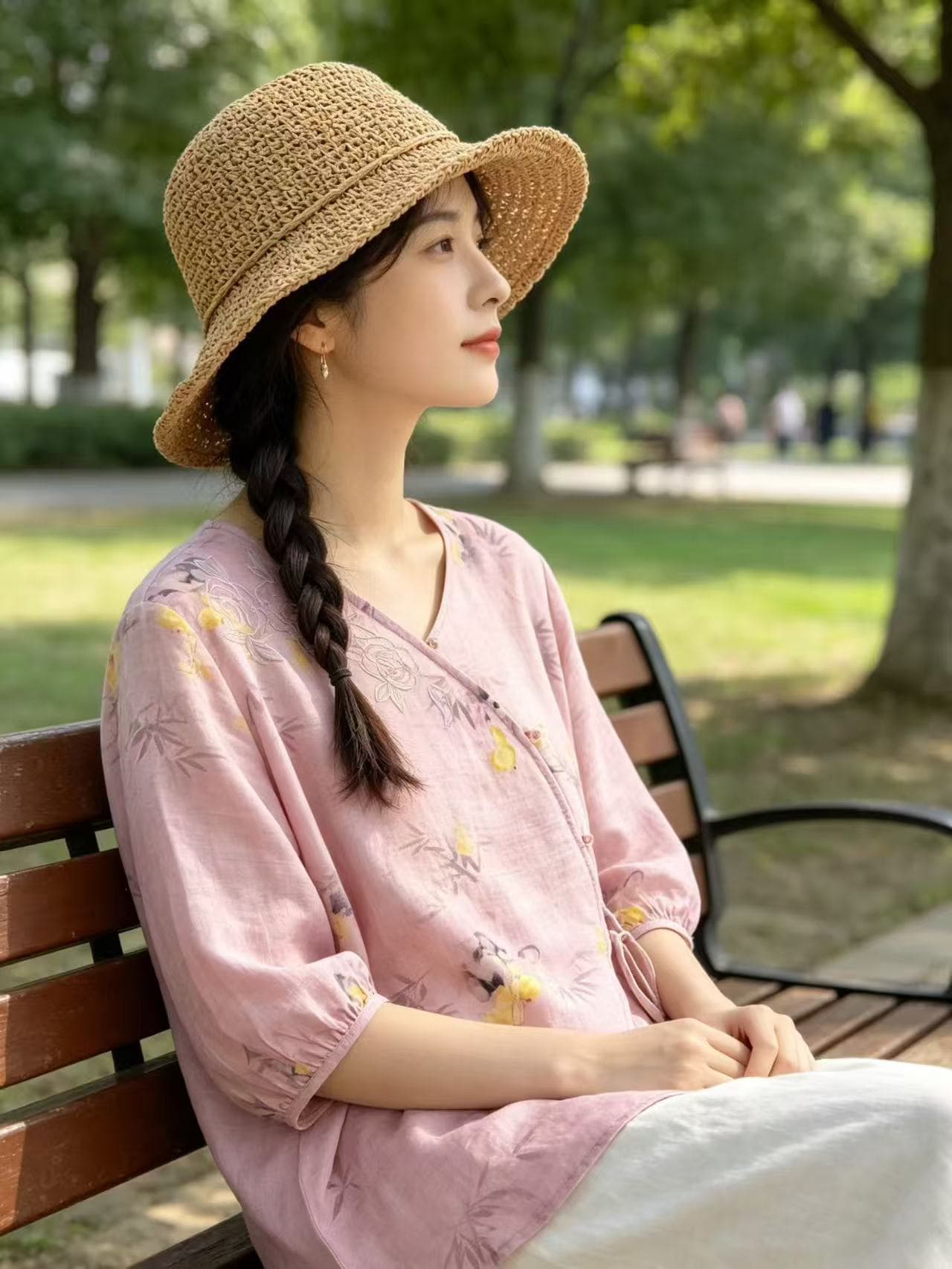 레트로 면 린넨 프린트 여성 셔츠 여름 새로운 중식 국풍 5 점 소매 V넥 비스듬한 襟 레이스업 차 서비스 맨위 상세 이미지 5