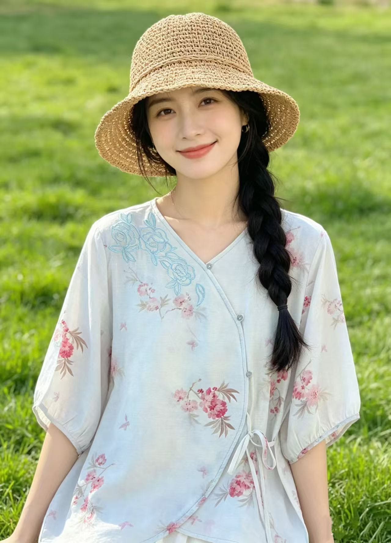 레트로 면 린넨 프린트 여성 셔츠 여름 새로운 중식 국풍 5 점 소매 V넥 비스듬한 襟 레이스업 차 서비스 맨위 상세 이미지 11