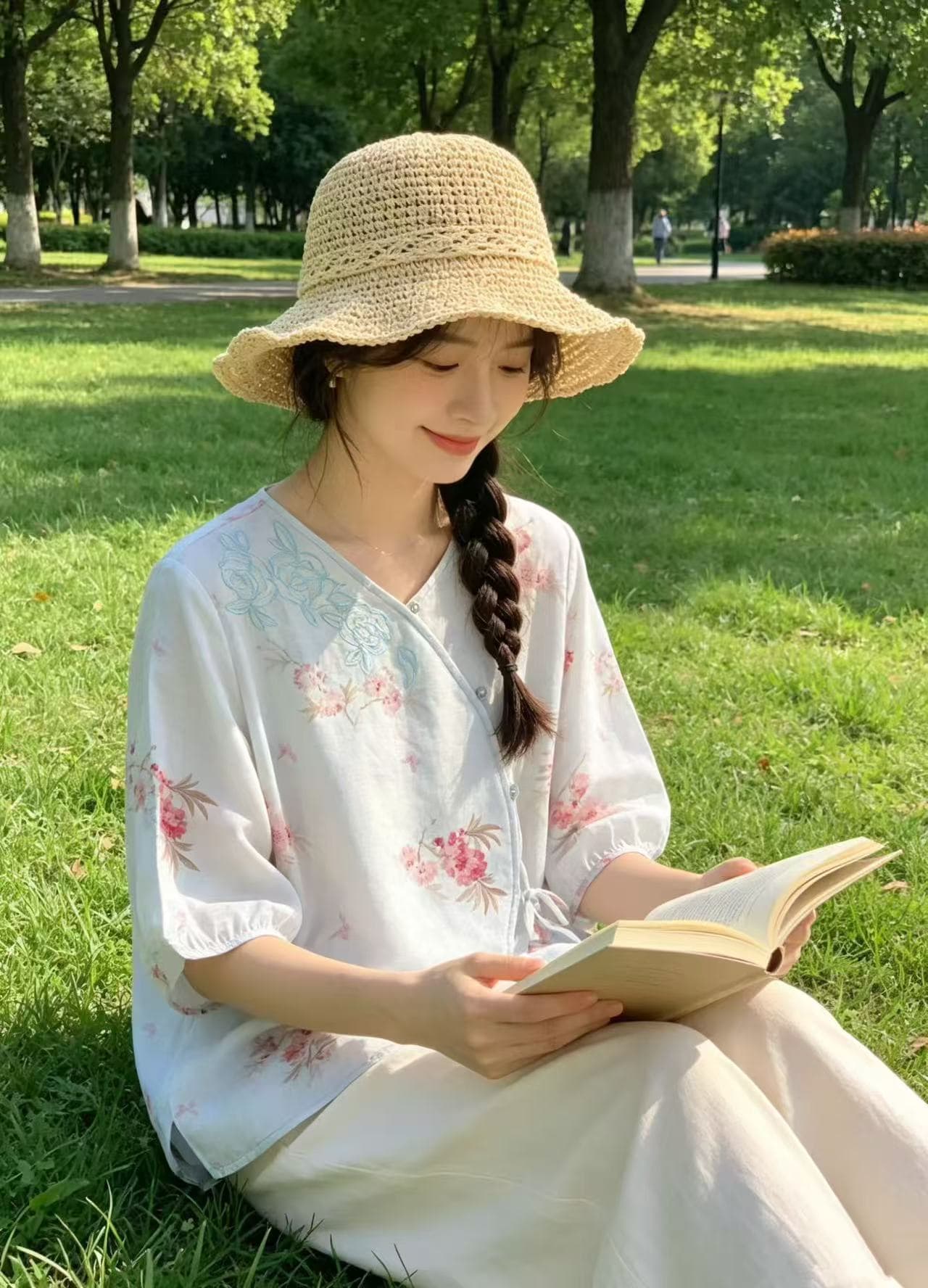 레트로 면 린넨 프린트 여성 셔츠 여름 새로운 중식 국풍 5 점 소매 V넥 비스듬한 襟 레이스업 차 서비스 맨위 상세 이미지 12