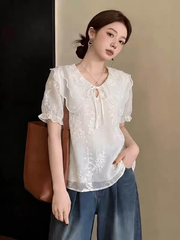 베이비 칼라 레이스 자수 시폰 셔츠 여성 2026 여름 새로운 아름다운 작은 셔츠 슈퍼 잘 생긴 맨위 이미지 4