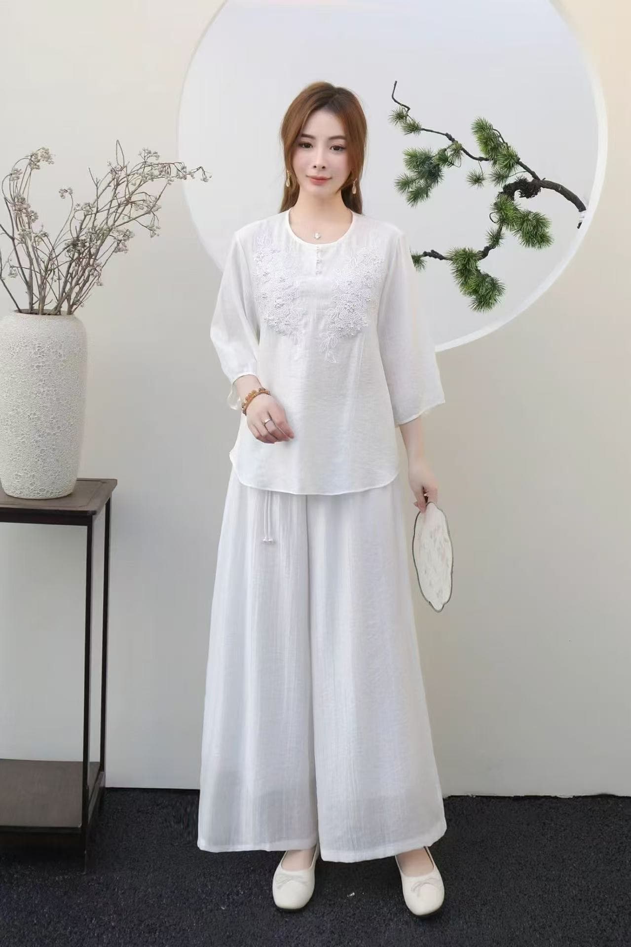 중간 소매 셔츠 디자인 센스 자수 비즈 박기 면 린넨 셔츠 여름 루즈핏 라운드 넥 맨위 t 상세 이미지 9