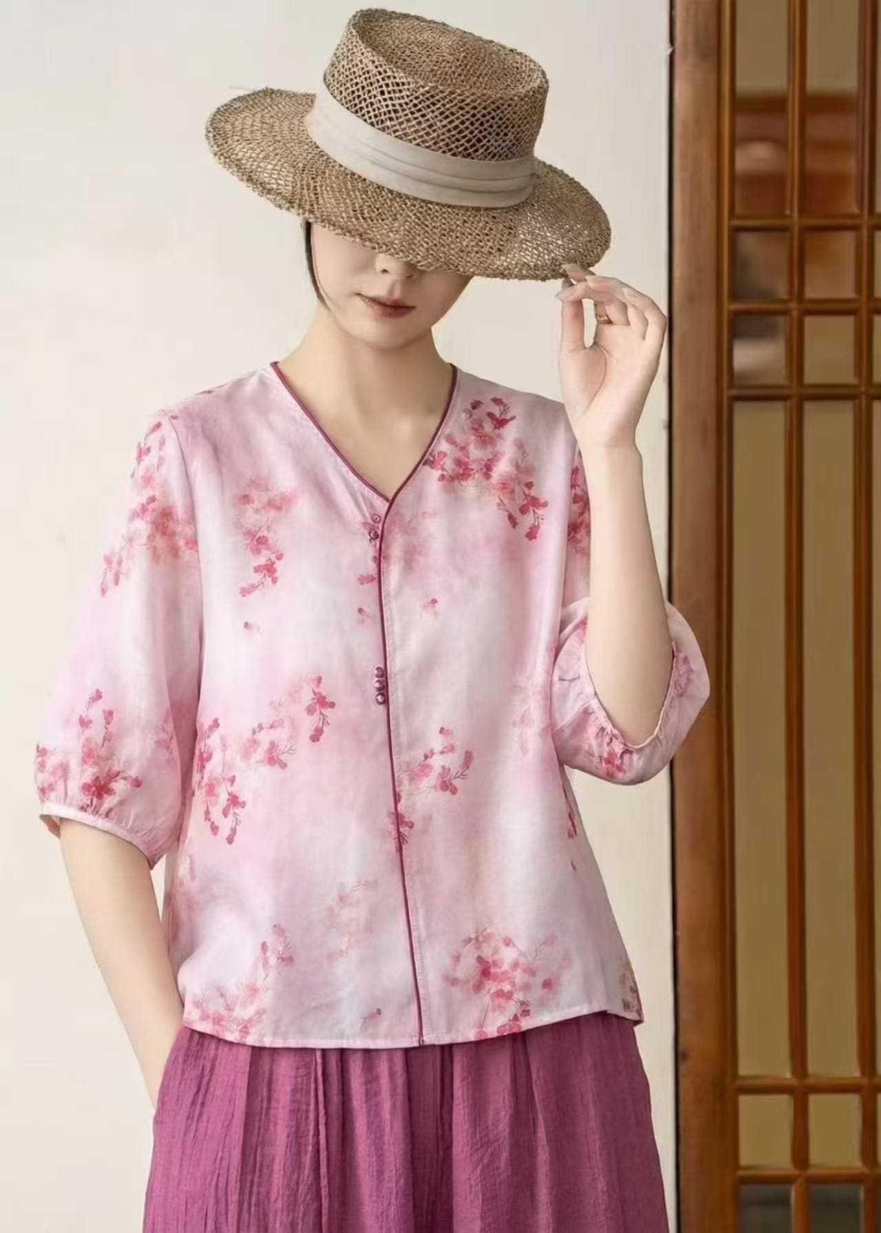여름 새로운 레트로 V넥 자수 라미 7부 소매 셔츠 여성 레저 루즈핏 풀오버 작은 셔츠 반소매 맨위 이미지 4