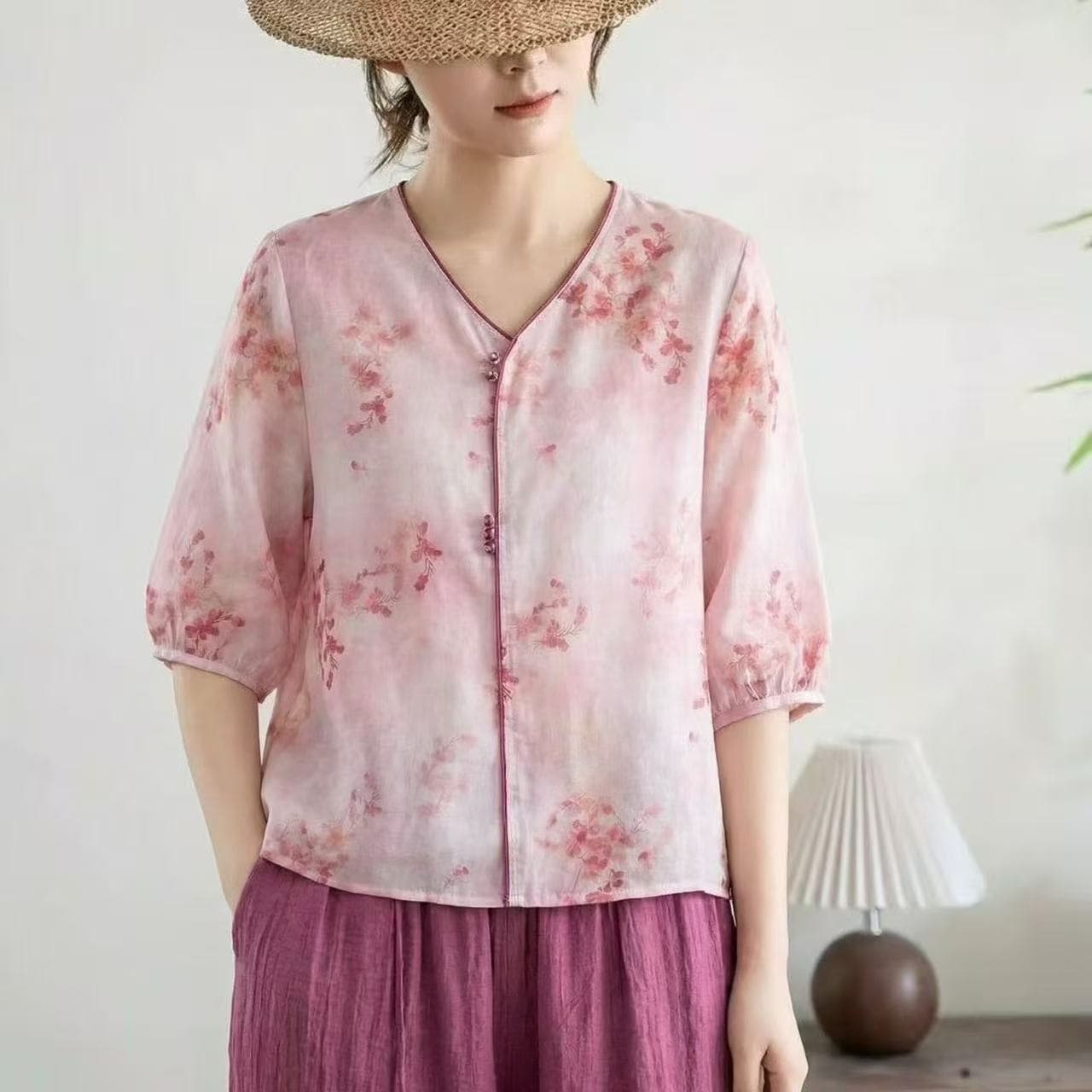 여름 새로운 레트로 V넥 자수 라미 7부 소매 셔츠 여성 레저 루즈핏 풀오버 작은 셔츠 반소매 맨위 상세 이미지 7