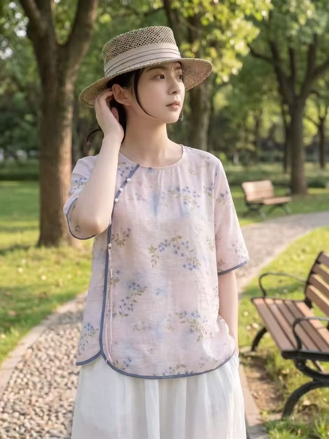 국풍 면 린넨 셔츠 풀오버 프린트 얇고 가벼운 엄마 여름 드레스 2026 새로운 프린트 반팔 맨위 이미지 2