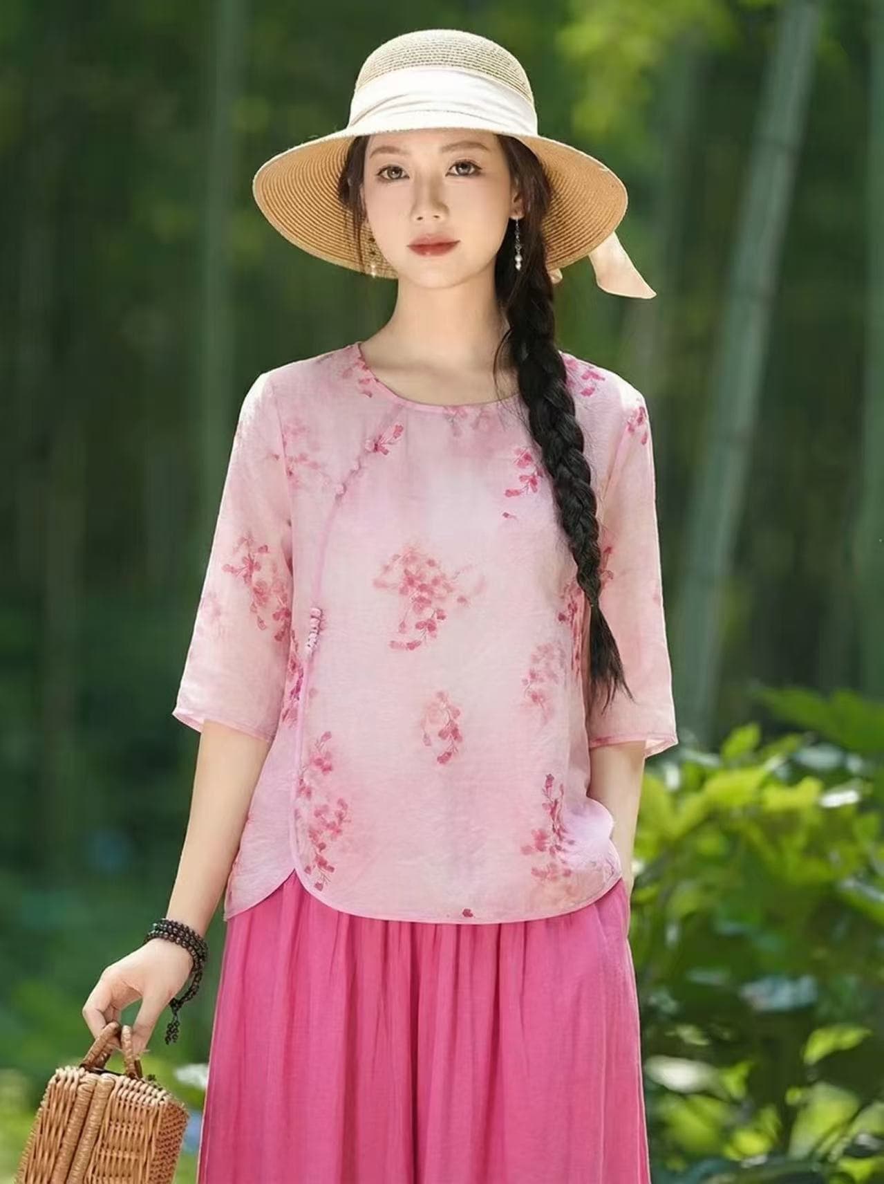 국풍 면 린넨 셔츠 풀오버 프린트 얇고 가벼운 엄마 여름 드레스 2026 새로운 프린트 반팔 맨위