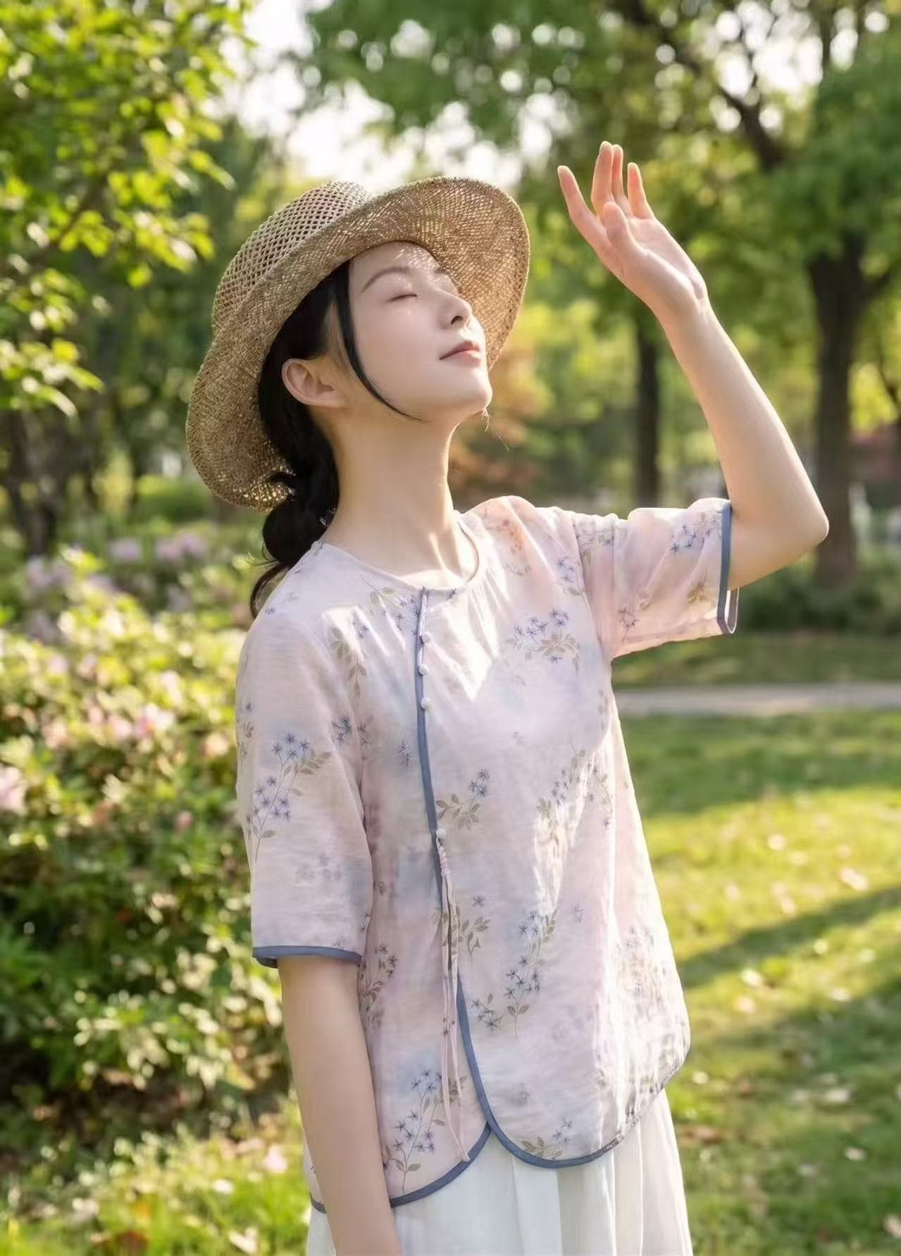 국풍 면 린넨 셔츠 풀오버 프린트 얇고 가벼운 엄마 여름 드레스 2026 새로운 프린트 반팔 맨위 상세 이미지 4