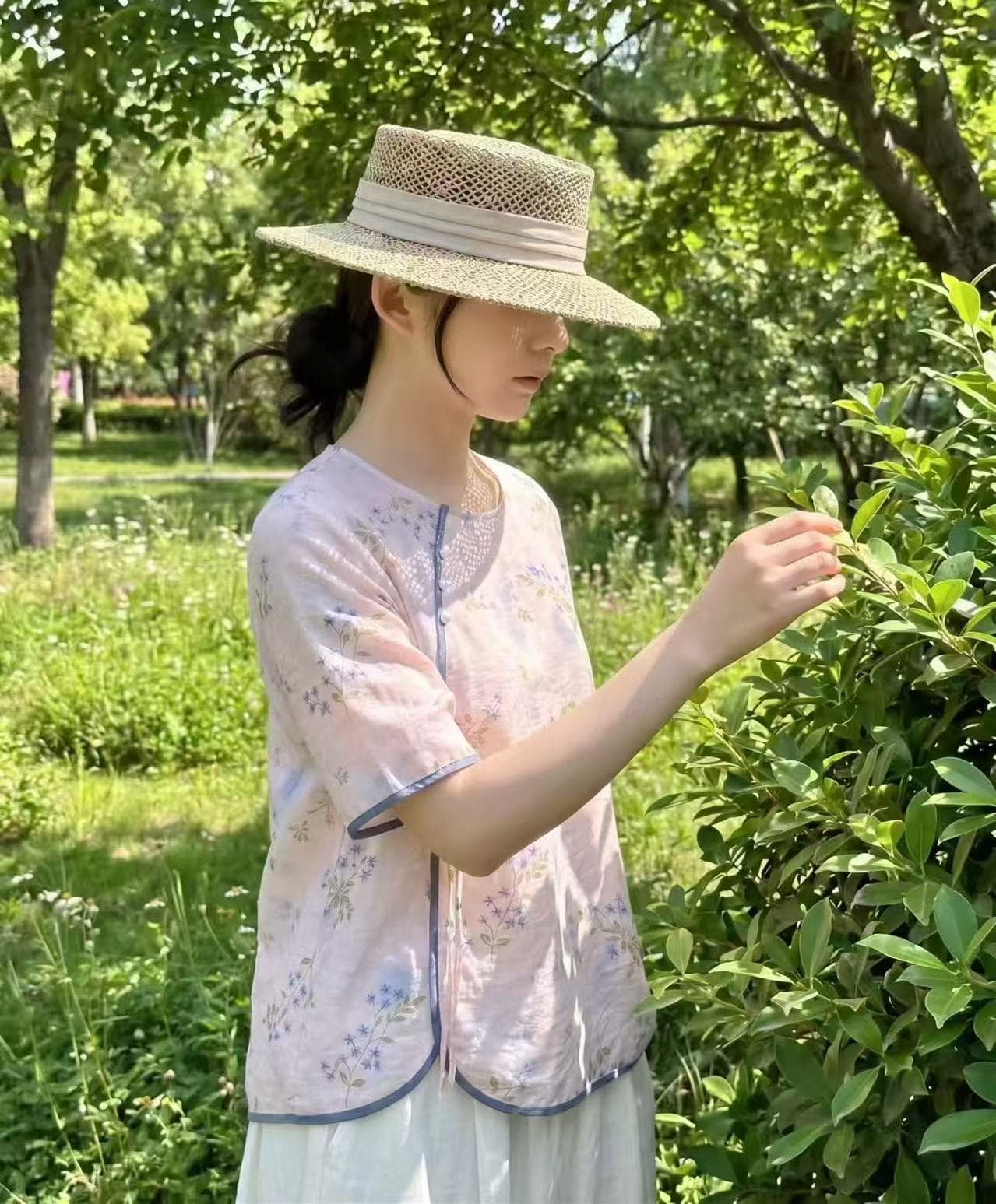 국풍 면 린넨 셔츠 풀오버 프린트 얇고 가벼운 엄마 여름 드레스 2026 새로운 프린트 반팔 맨위 상세 이미지 5