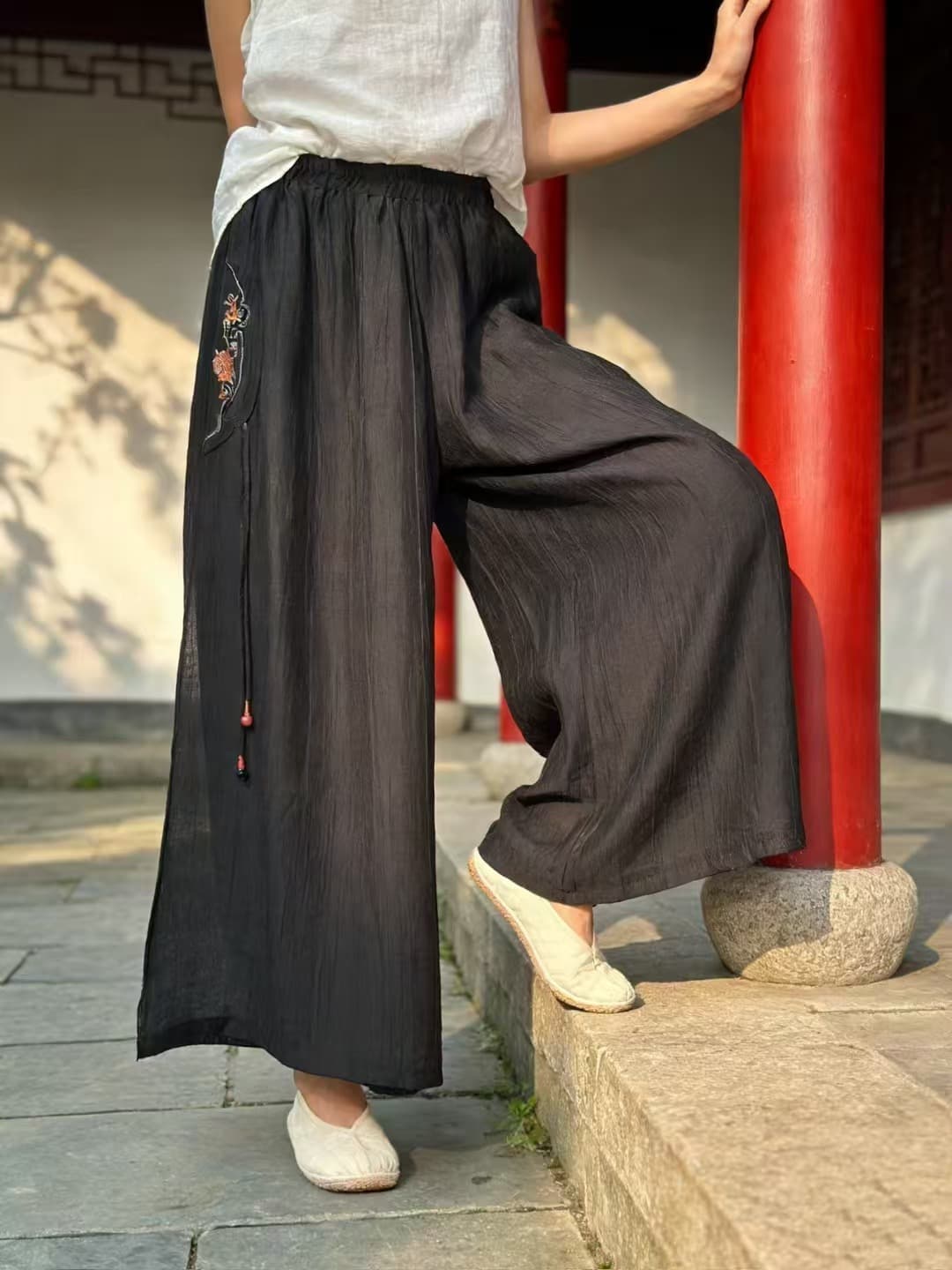 와이드 레그 팬츠 2026 여름 새로운 문예 허리밴드 가시 자수 캐주얼 루즈핏 여성용 바지 상세 이미지 9
