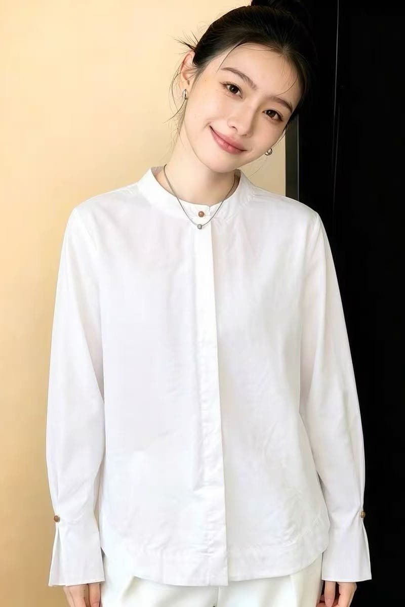 긴팔 여성 셔츠 2026 가을 새로운 한국 스타일 루즈핏 라운드 넥 맨위 디자인 센스 외국 가스 미니멀리즘 빛 럭셔리 셔츠 이미지 6
