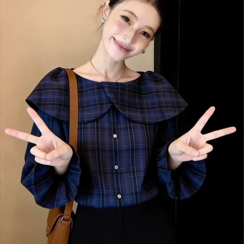 고급 센스 레트로 체크무늬 긴팔 여성 셔츠 2026 조기 가을 새로운 외국 가스 연령 감소 품격 프릴 칼라 맨위 이미지 5