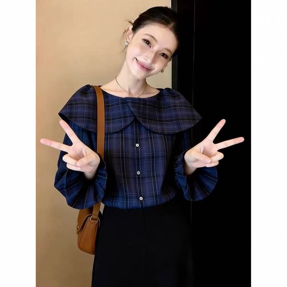 고급 센스 레트로 체크무늬 긴팔 여성 셔츠 2026 조기 가을 새로운 외국 가스 연령 감소 품격 프릴 칼라 맨위 상세 이미지 5