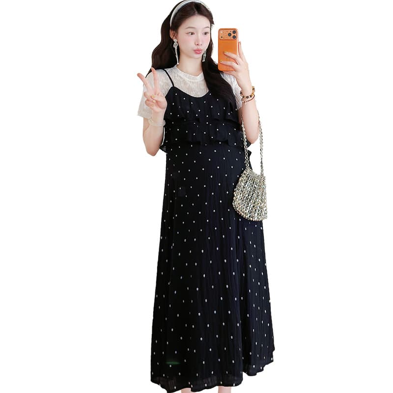 실사 출산 착용 패션 표지 고기 슬림해 보이는 패치워크 페이크 레이어드 롱 코트 드레스 이미지 6