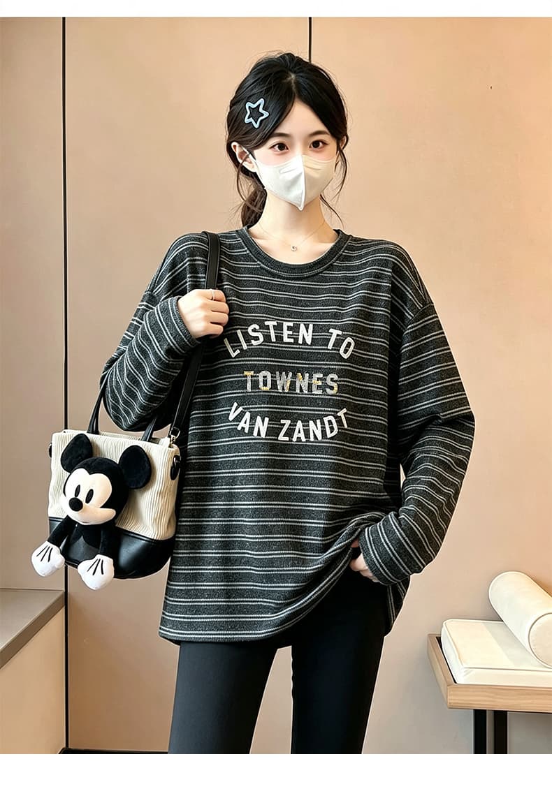 2026 이른 가을 패션 출산 착용 새로운 한국 스타일 루즈핏 신축성 스트라이프 긴팔 임산부 알파벳 티셔츠 맨위 상세 이미지 22