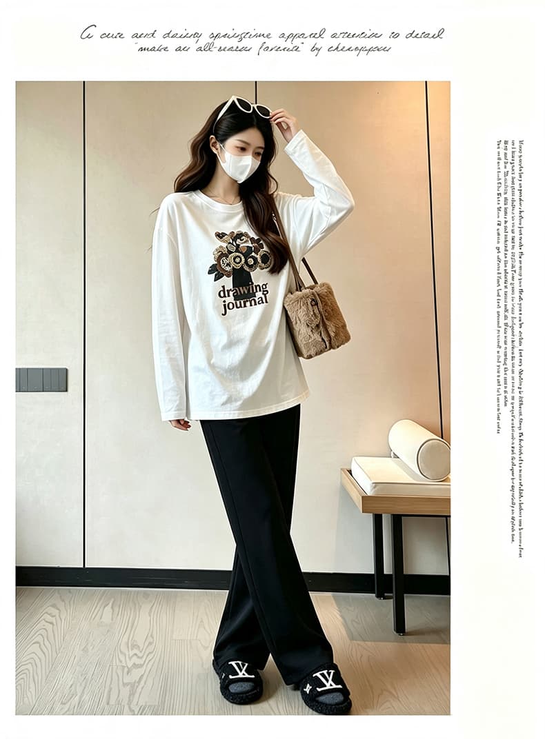 2026 이른 가을 패션 출산 착용 맨위 새로운 한국 스타일 루즈핏 라운드 넥 프린트 긴팔 임산부 티셔츠 상세 이미지 11