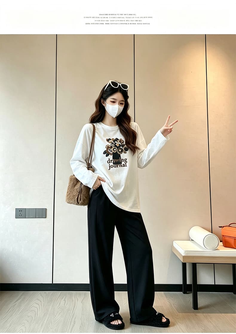 2026 이른 가을 패션 출산 착용 맨위 새로운 한국 스타일 루즈핏 라운드 넥 프린트 긴팔 임산부 티셔츠 상세 이미지 12