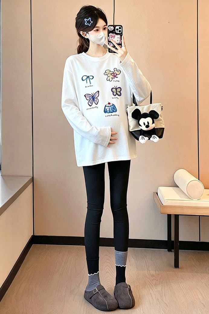 2026 이른 가을 출산 착용 맨위 새로운 패션 한국 스타일 라운드 넥 긴팔 루즈핏 프린트 임산부 티셔츠 이미지 6