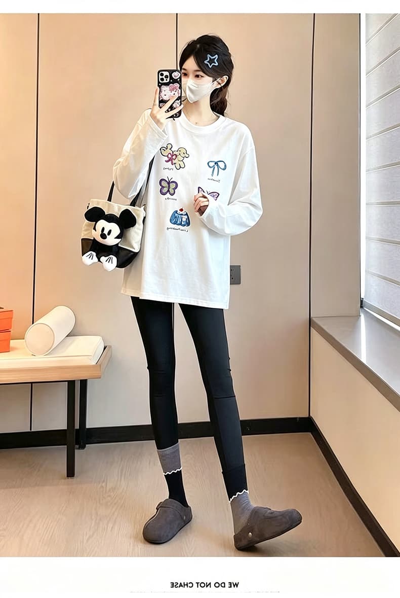2026 이른 가을 출산 착용 맨위 새로운 패션 한국 스타일 라운드 넥 긴팔 루즈핏 프린트 임산부 티셔츠 상세 이미지 9