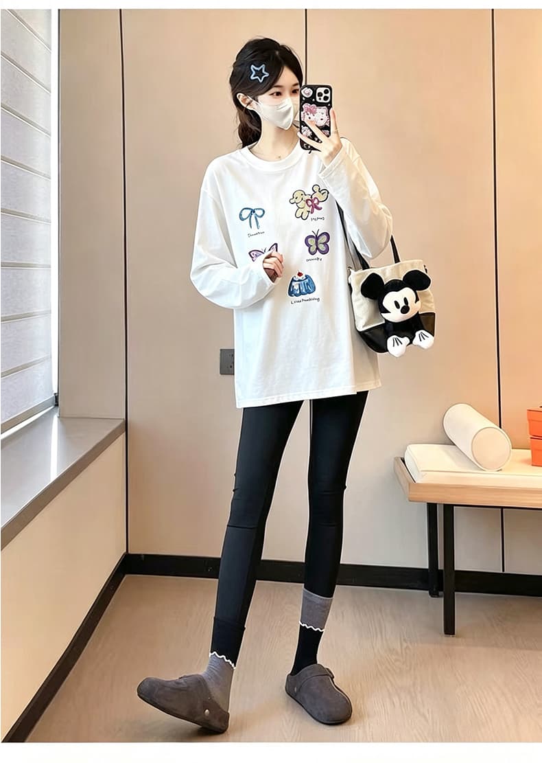 2026 이른 가을 출산 착용 맨위 새로운 패션 한국 스타일 라운드 넥 긴팔 루즈핏 프린트 임산부 티셔츠 상세 이미지 10