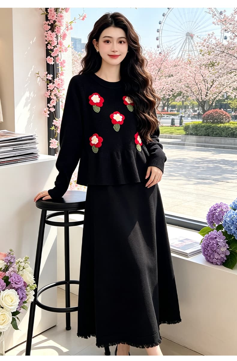 2026 패션 출산 착용 가을 겨울 세트 두꺼운 한국 스타일 니트 꽃 맨위 니트 반신 스커트 투피스 세트 상세 이미지 18