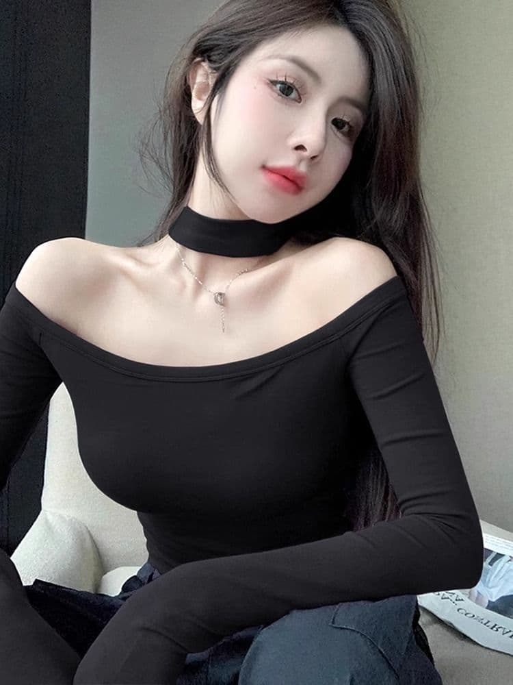 실사 순면 긴팔 티셔츠 여성 가을 2026 한국 스타일 새로운 오프숄더 행침 목 핫걸 몸매 가꾸기 순수한 욕망 기본 셔츠 이미지 2