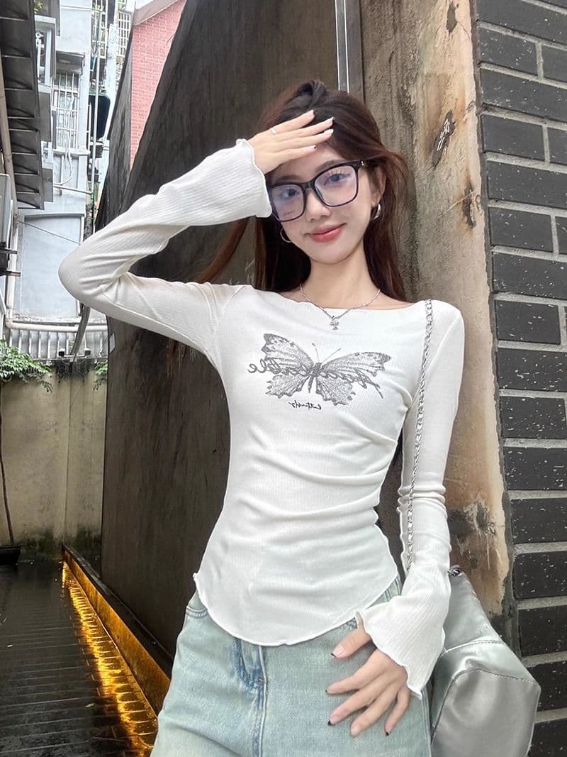 2026 가을 한국 스타일 새로운 핫걸 나비 매듭 프린트 긴팔 티셔츠 여성 꼬집기 허리 작은 대중 만나는 순수한 욕망 맨위 상세 이미지 3