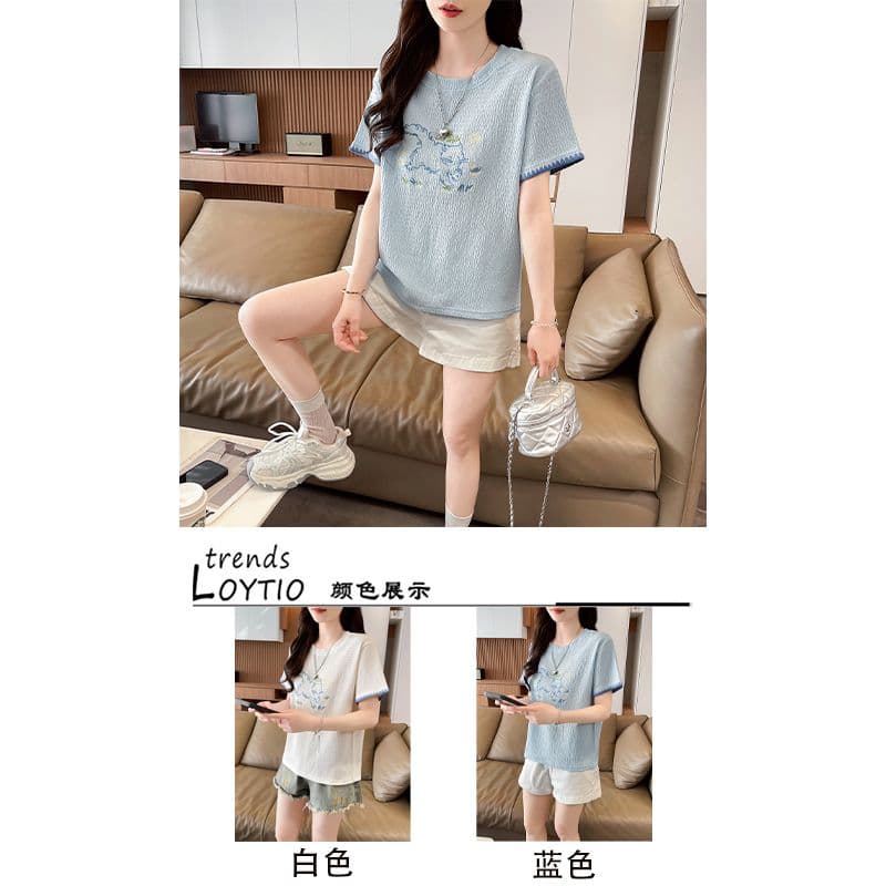 실사 반팔 티셔츠 여성 여름 2026 한국 스타일 새로운 레이스 키티 배색 소매 패션 다용도 맨위 상세 이미지 2