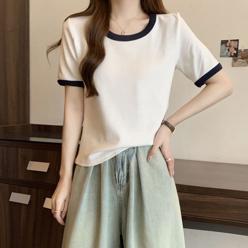 실사 순면 반팔 티셔츠 여성 여름 한국 스타일 새로운 디자인 센스 배색 라운드 넥 몸매 가꾸기 핫걸 순수한 욕망 맨위