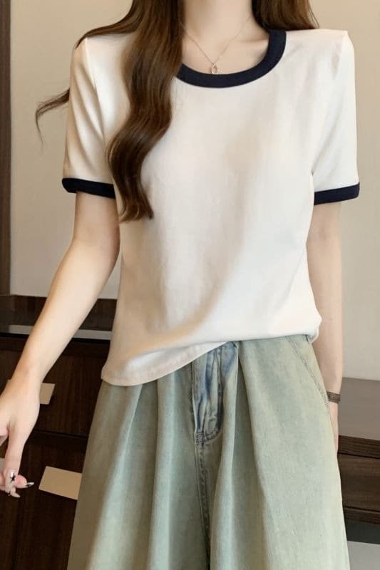실사 순면 반팔 티셔츠 여성 여름 한국 스타일 새로운 디자인 센스 배색 라운드 넥 몸매 가꾸기 핫걸 순수한 욕망 맨위 이미지 6