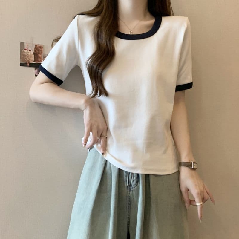 실사 순면 반팔 티셔츠 여성 여름 한국 스타일 새로운 디자인 센스 배색 라운드 넥 몸매 가꾸기 핫걸 순수한 욕망 맨위 상세 이미지 2