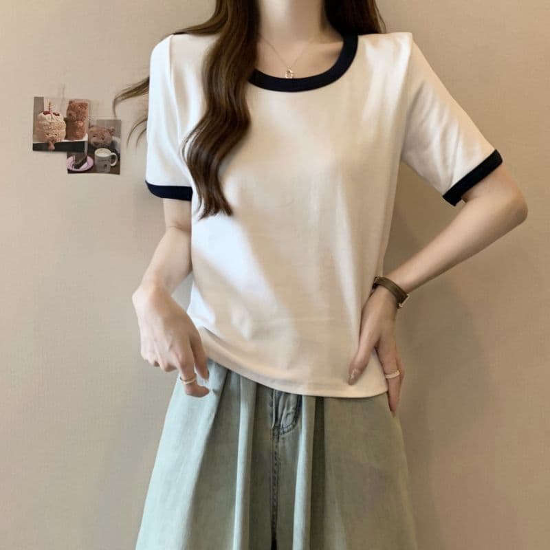 실사 순면 반팔 티셔츠 여성 여름 한국 스타일 새로운 디자인 센스 배색 라운드 넥 몸매 가꾸기 핫걸 순수한 욕망 맨위 상세 이미지 3