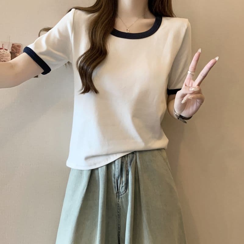 실사 순면 반팔 티셔츠 여성 여름 한국 스타일 새로운 디자인 센스 배색 라운드 넥 몸매 가꾸기 핫걸 순수한 욕망 맨위 상세 이미지 5