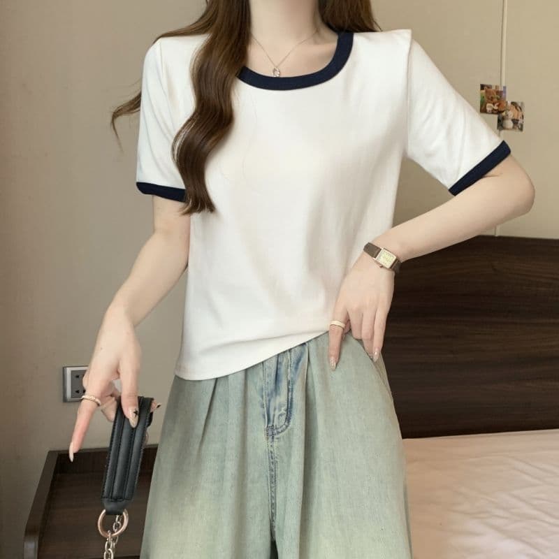 실사 순면 반팔 티셔츠 여성 여름 한국 스타일 새로운 디자인 센스 배색 라운드 넥 몸매 가꾸기 핫걸 순수한 욕망 맨위 상세 이미지 6