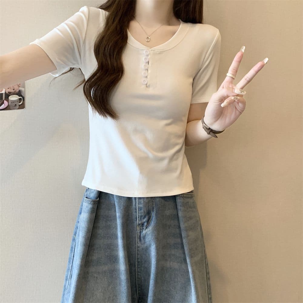 실사 순면 반팔 티셔츠 여성 여름 한국 스타일 새로운 디자인 센스 단추 몸매 가꾸기 핫걸 순수한 욕망 맨위 이미지 2