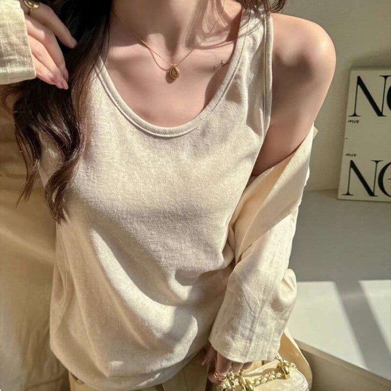 캐미솔 외출용 봄 여름 루즈핏 느긋한 바람 면 린넨 아름다움 뒤로 표지 대리인 우유 민소매 만나는 인사이드 잡아라. 의류 이미지 2