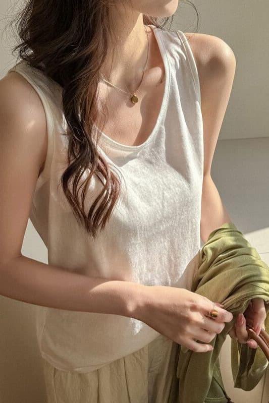 캐미솔 외출용 봄 여름 루즈핏 느긋한 바람 면 린넨 아름다움 뒤로 표지 대리인 우유 민소매 만나는 인사이드 잡아라. 의류 이미지 5