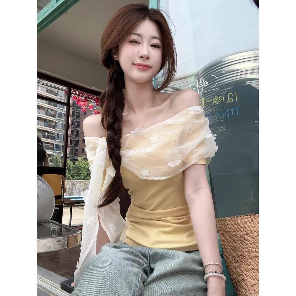 디자인 센스 레이스 조각 꽃 오프숄더 맨위 여성 의류 여름 몸매 가꾸기 슬림해 보이는 허리 수축 황색 반팔 티셔츠 이미지 5