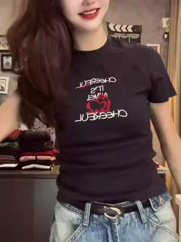 순면 40 220 그램 92 면 8 암모니아 Lun 한국 스타일 새로운 긍정적 인 어깨 반팔 티셔츠 여성 프린트 핫걸 맨위 상세 이미지 3