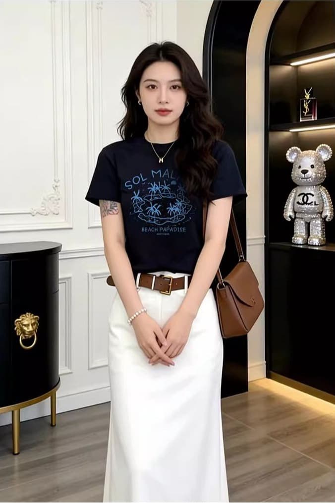 순면 40 220 그램 92 면 8 암모니아 Lun 한국 스타일 핫걸 긍정적 인 어깨 반팔 티셔츠 여성 몸매 가꾸기 프린트 맨위 이미지 5