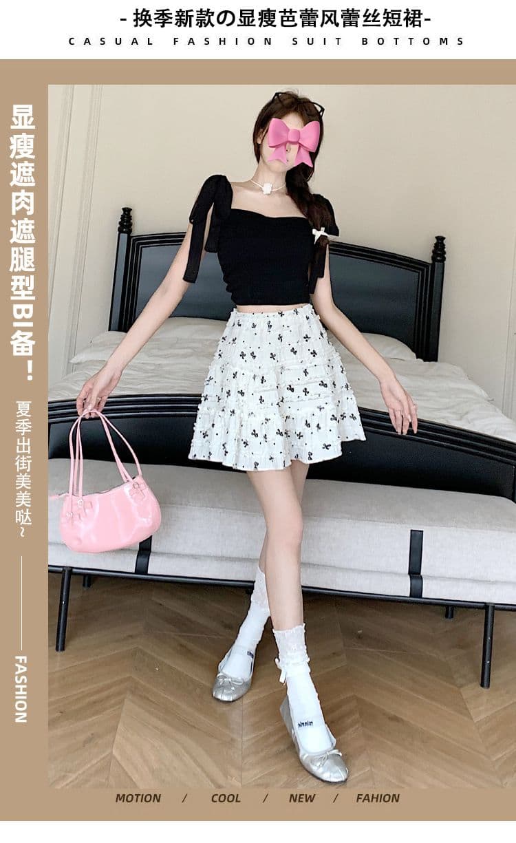 핫걸 달콤함 바닐라 멜라루카 반신 스커트 여성 여름 한국 스타일 새로운 레이스 나비 매듭 순수한 욕망 하이웨이스트 케이크 미니 스커트 상세 이미지 1